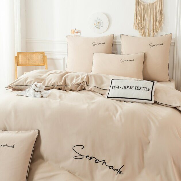 Комплект постельного белья Однотонный Сатин Вышивка на резинке CHR034, 2 спальный